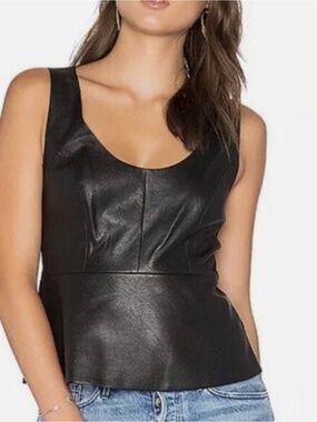 BCBGMaxAzria Black Faux Leather Peplum Tank